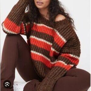 OFFLINE by Aerie Striped Knit Sweater Brown White Oversized Pullover Small‎